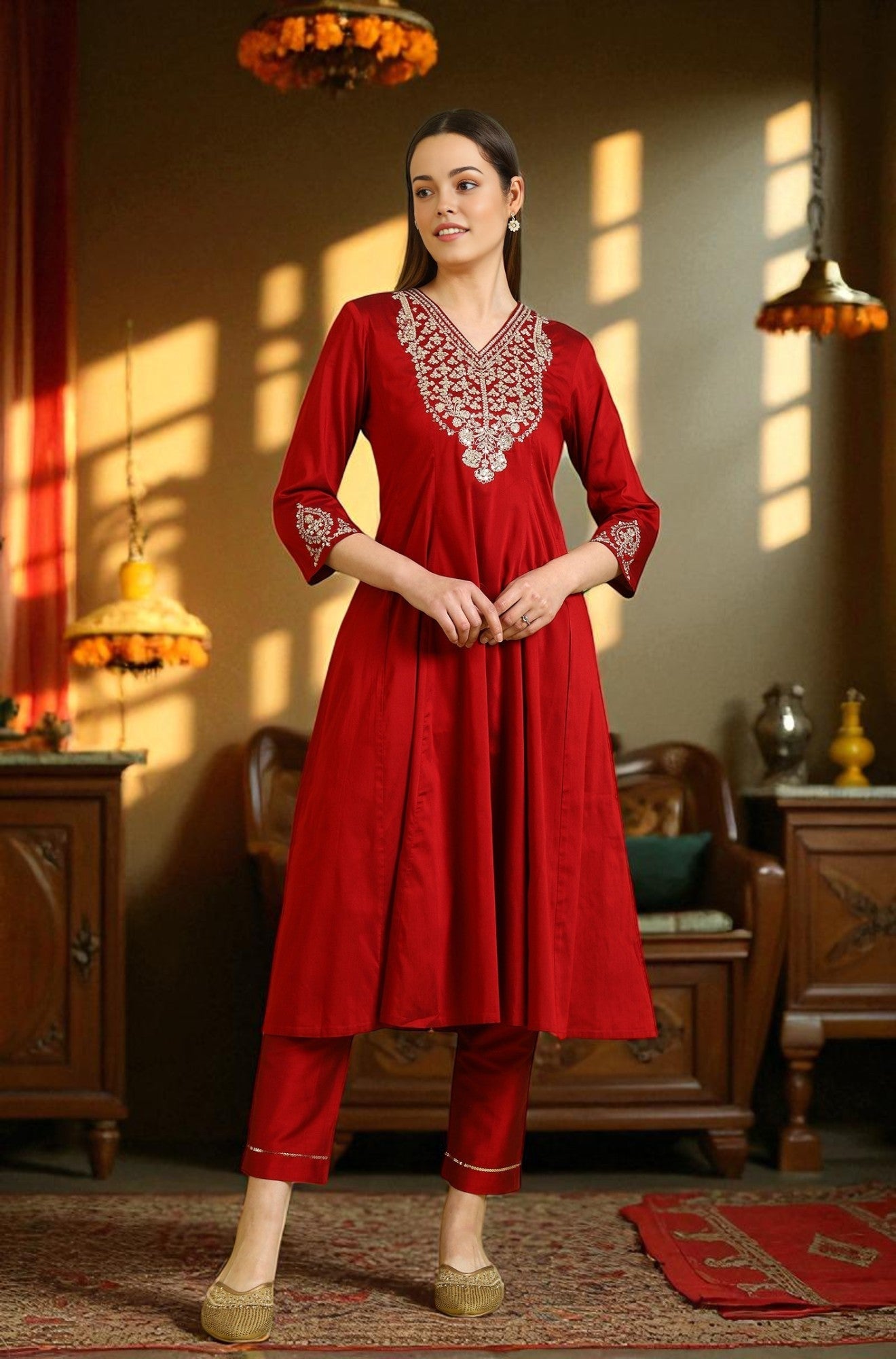 Dark Red Zari Embroidered Anarkali Kurta