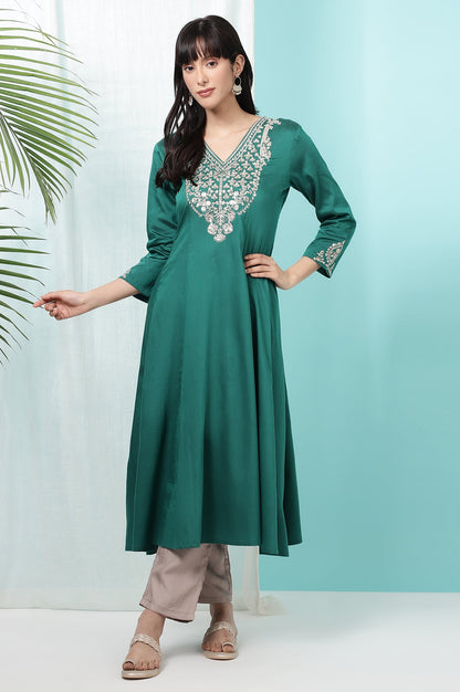 Dark Green Embroidered Flared Festive Kurta