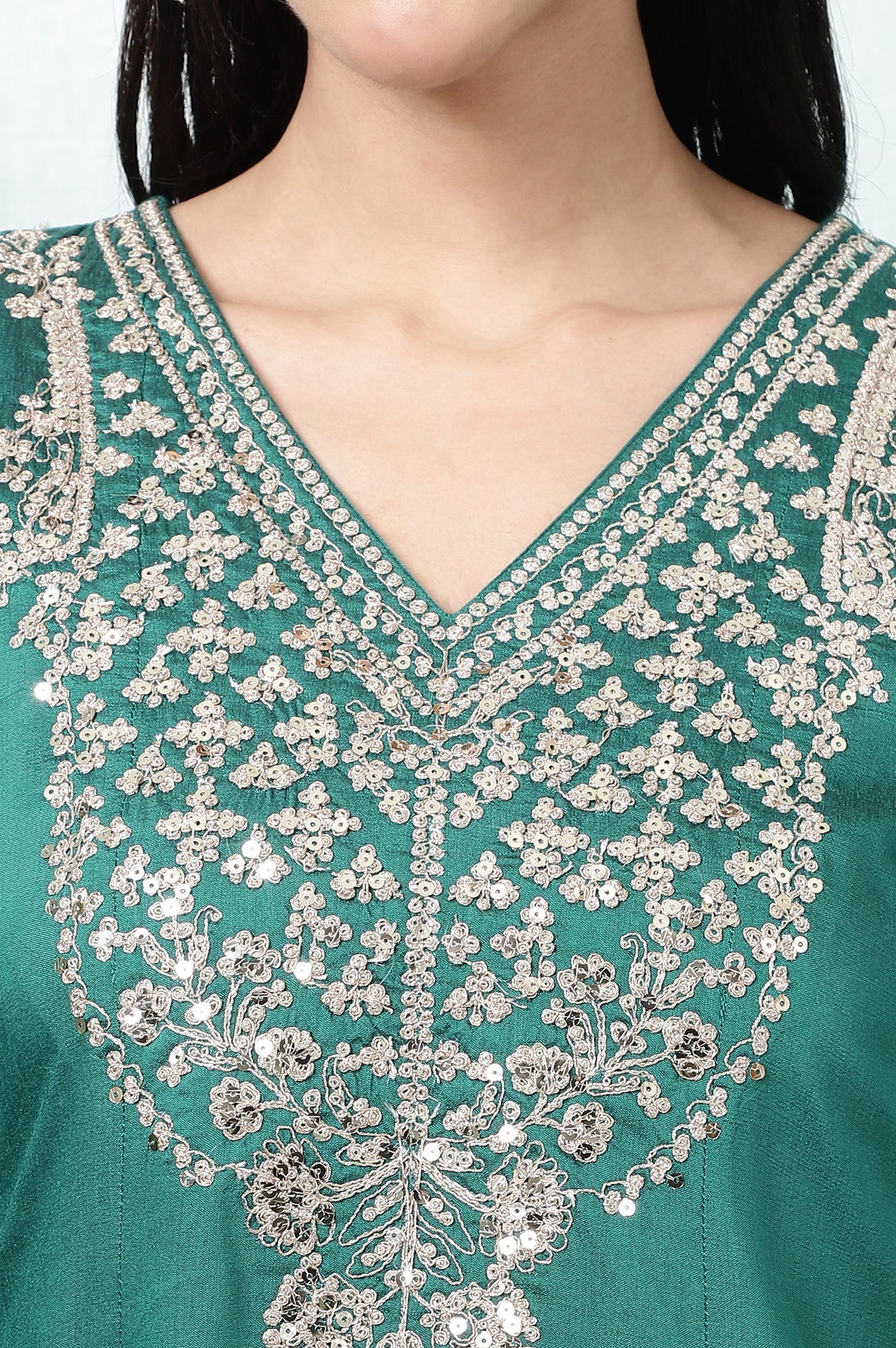 Dark Green Embroidered Flared Festive Kurta