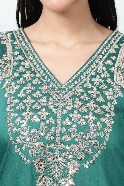 Dark Green Embroidered Flared Festive Kurta