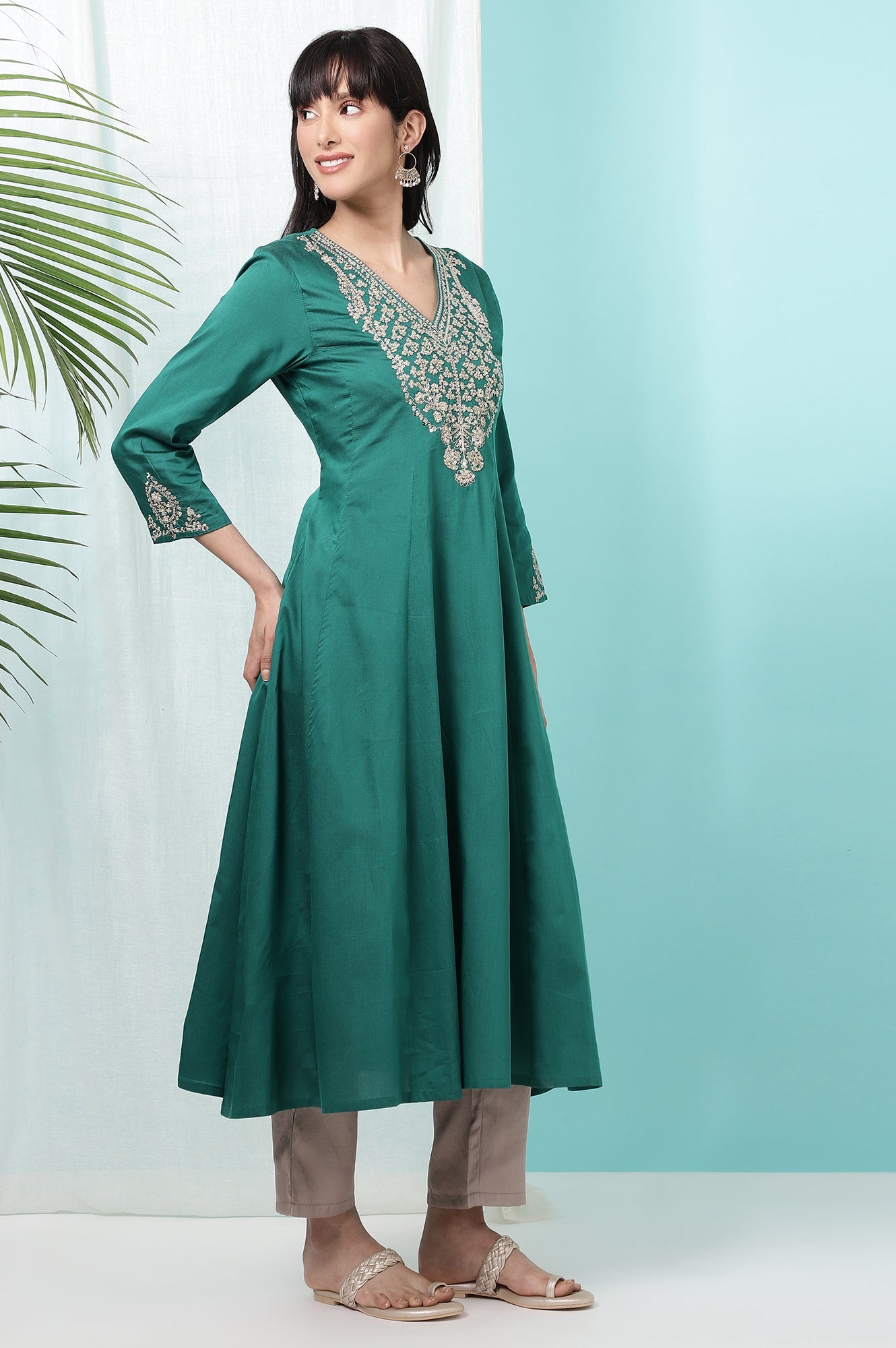 Dark Green Embroidered Flared Festive Kurta
