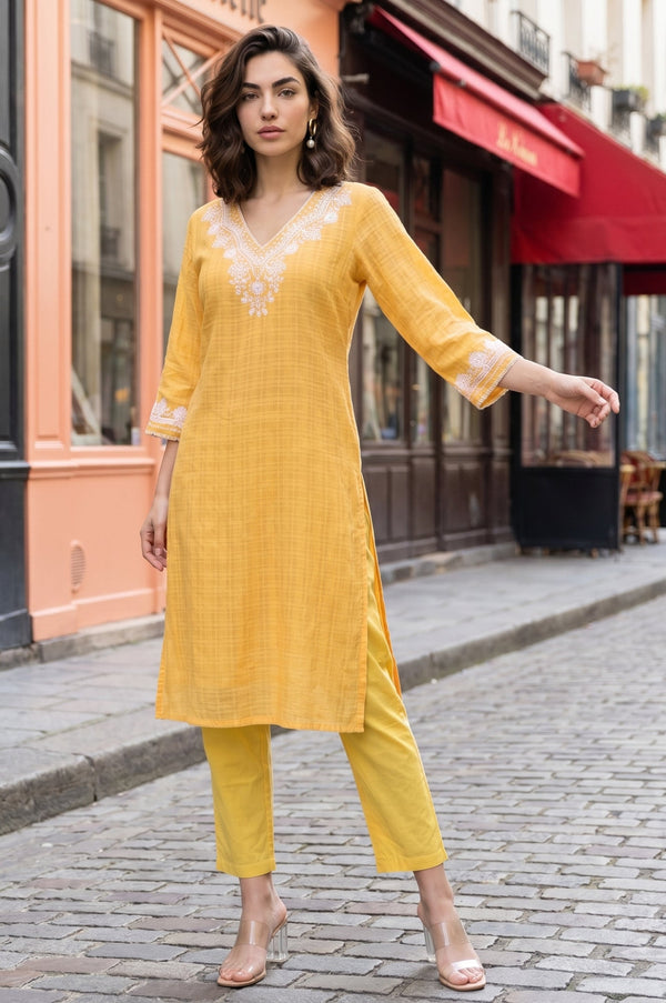 W Yellow Embroidered Pure Cotton Straight Kurta