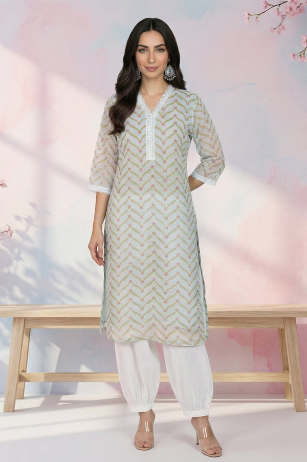 W Mint Green Chevron Printed Kota Straight Kurta