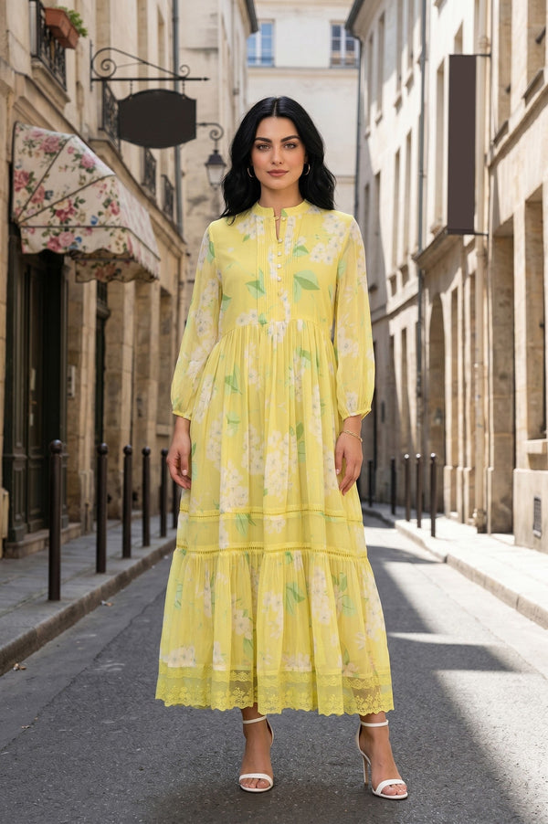 W Light Yellow Floral Printed Chiffon Flared Dress