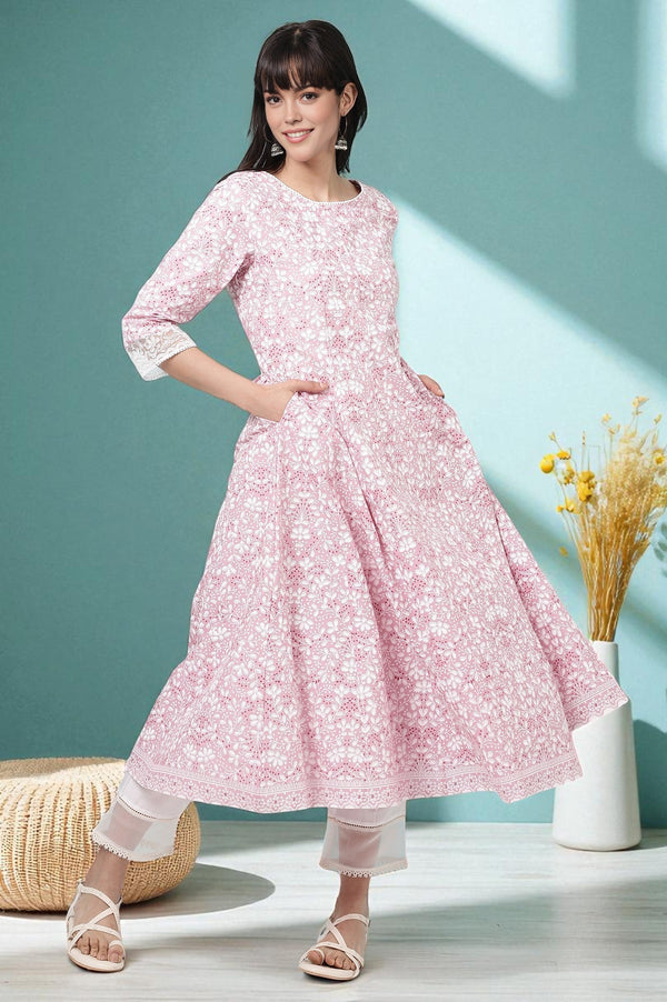 Pink Floral Printed Pure Cotton Anarkali Kurta