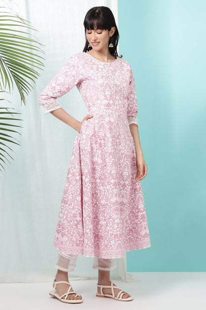 Pink Floral Printed Pure Cotton Anarkali Kurta