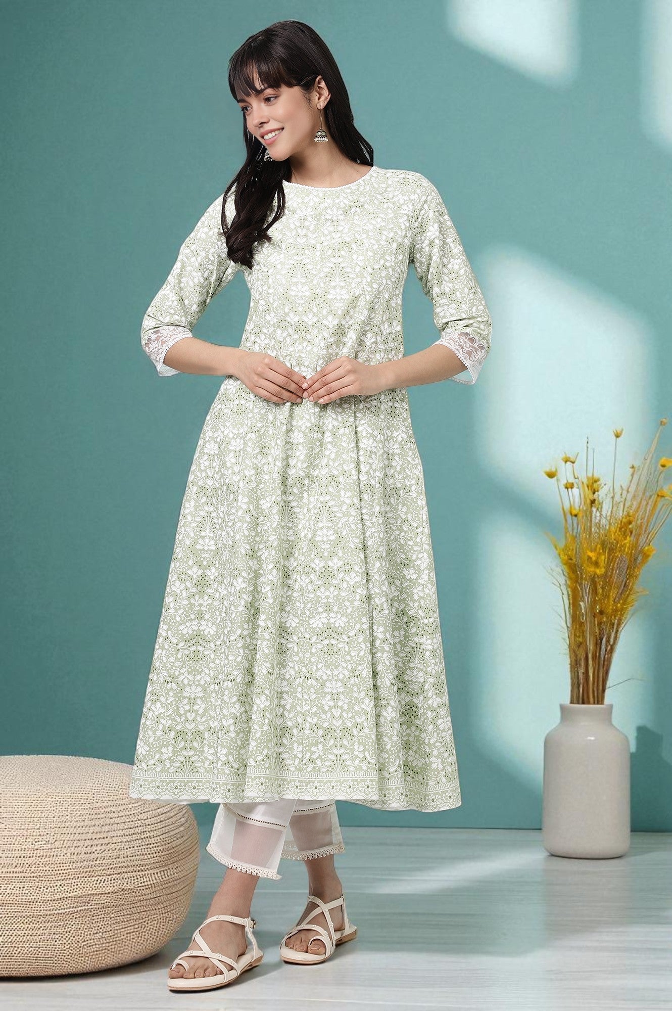 Green Floral Printed Pure Cotton Anarkali Kurta