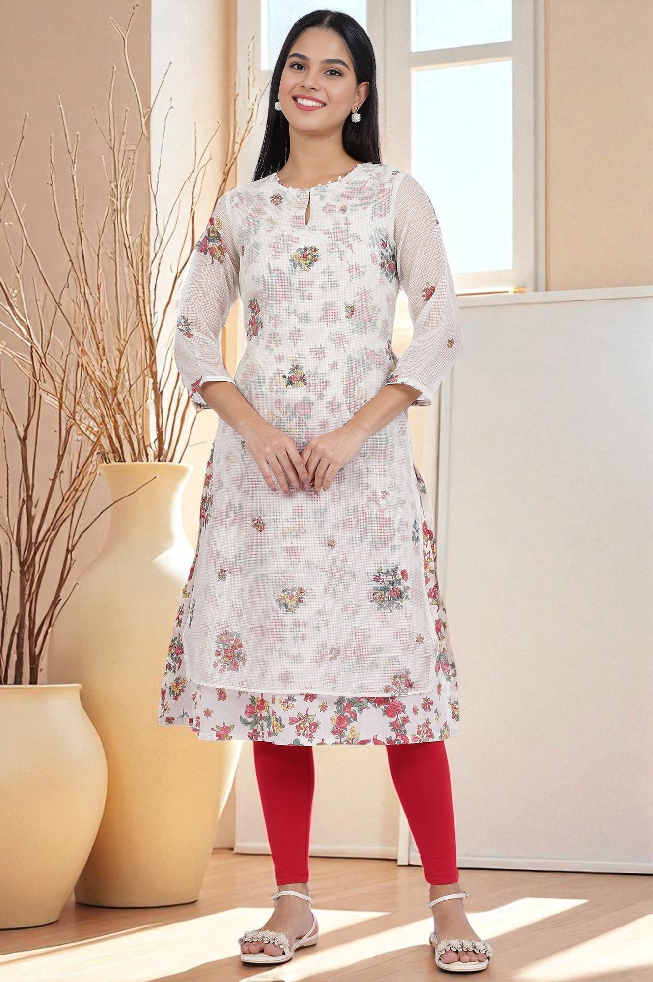White Floral Printed Straight Polyester Kurta