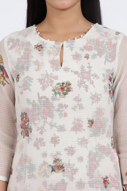 White Floral Printed Straight Polyester Kurta