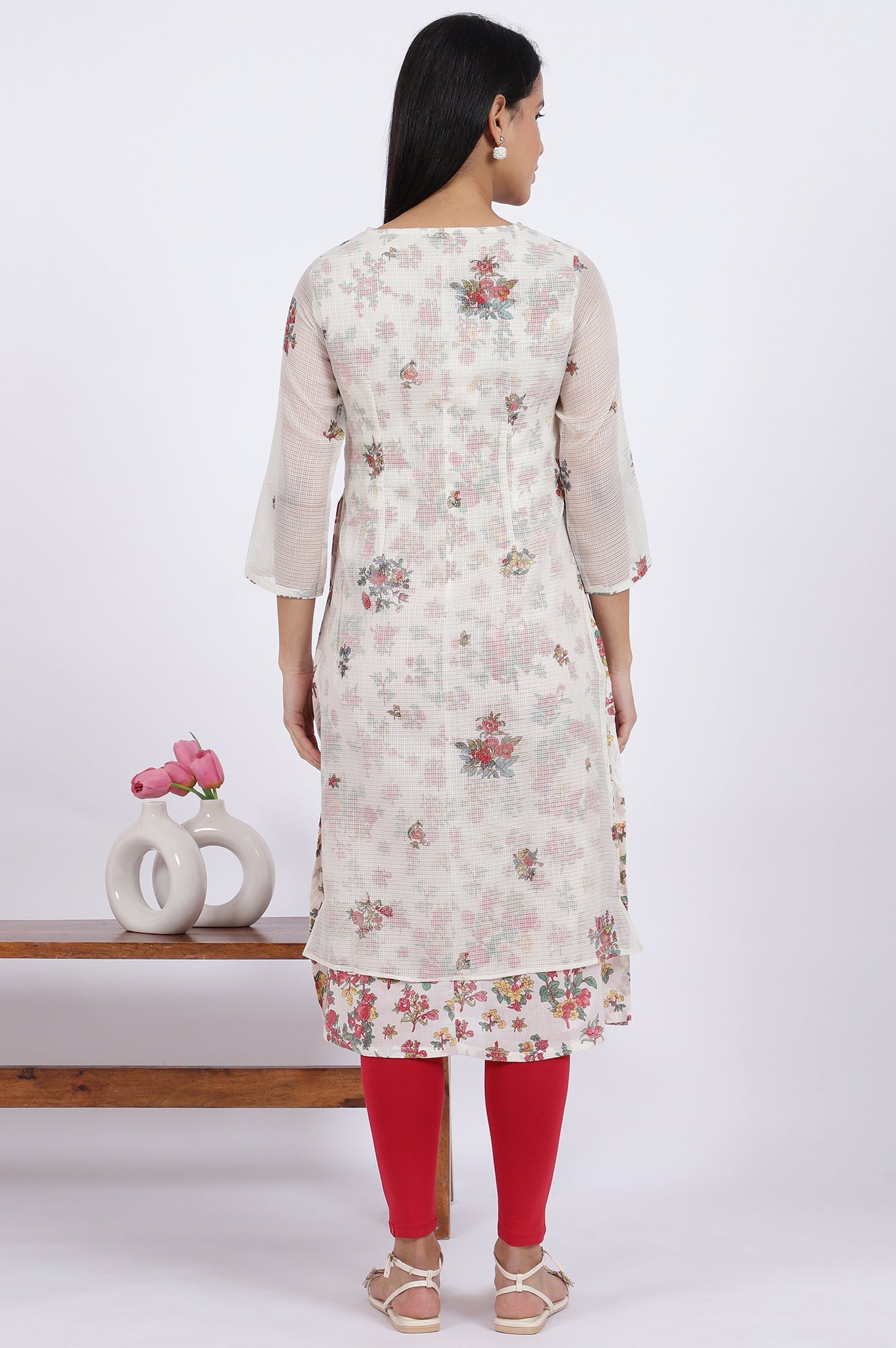 White Floral Printed Straight Polyester Kurta