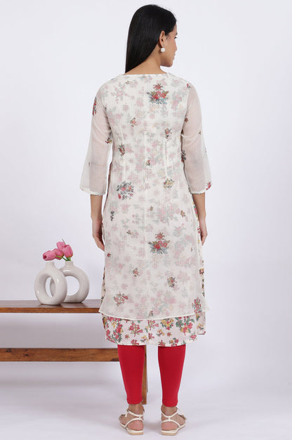 White Floral Printed Straight Polyester Kurta