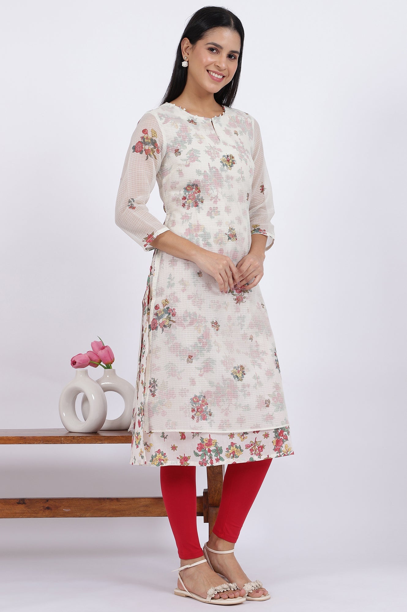 White Floral Printed Straight Polyester Kurta