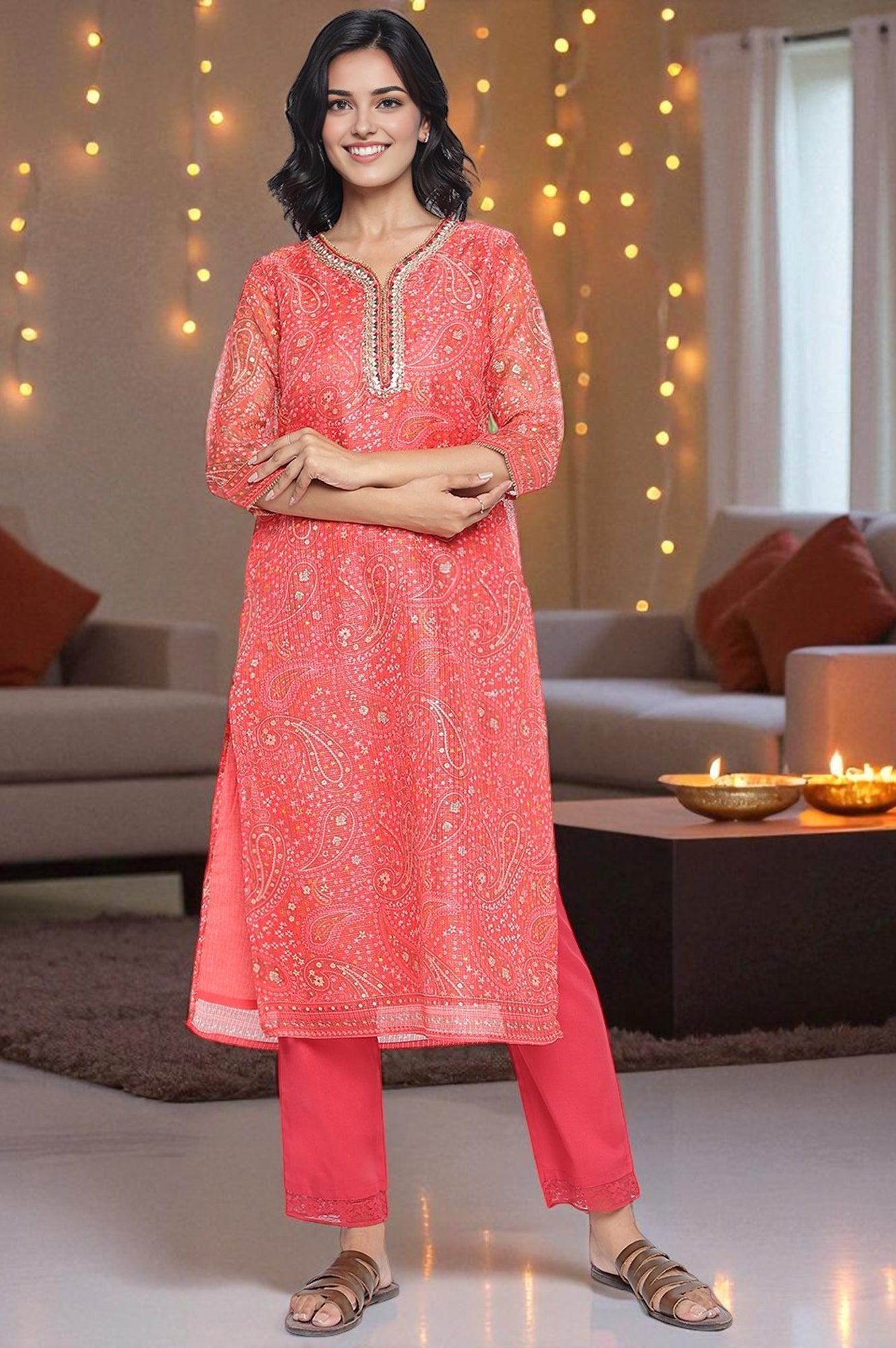 Ruby Red Printed Kota Doria Straight Kurta