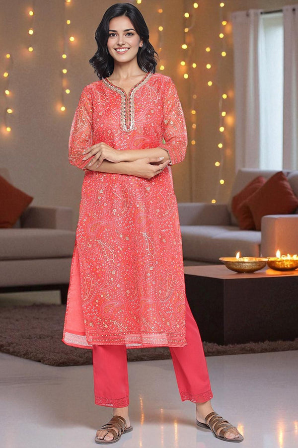 Ruby Red Printed Kota Doria Straight Kurta