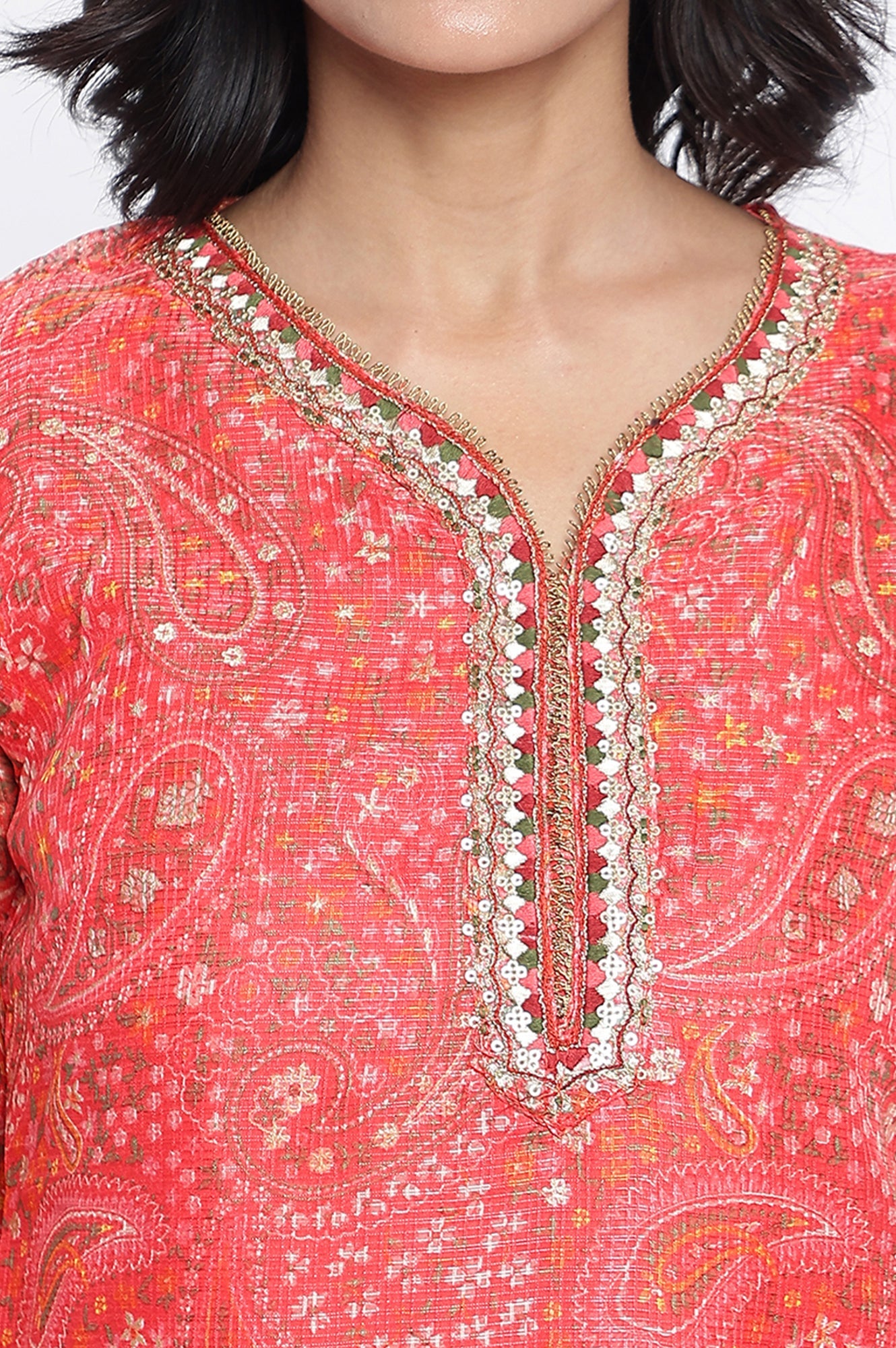 Ruby Red Printed Kota Doria Straight Kurta
