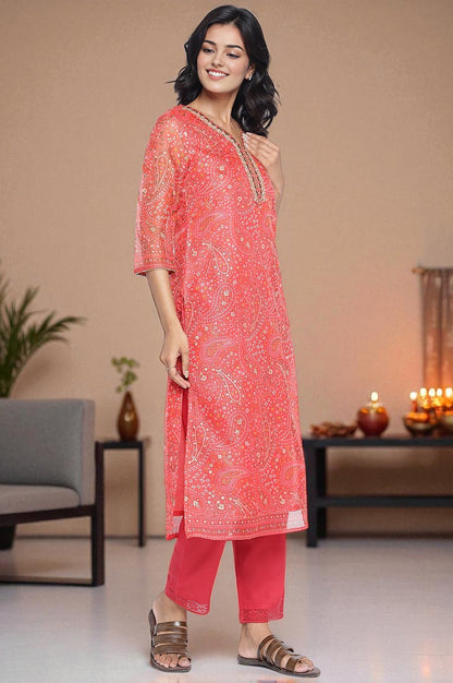 Ruby Red Printed Kota Doria Straight Kurta