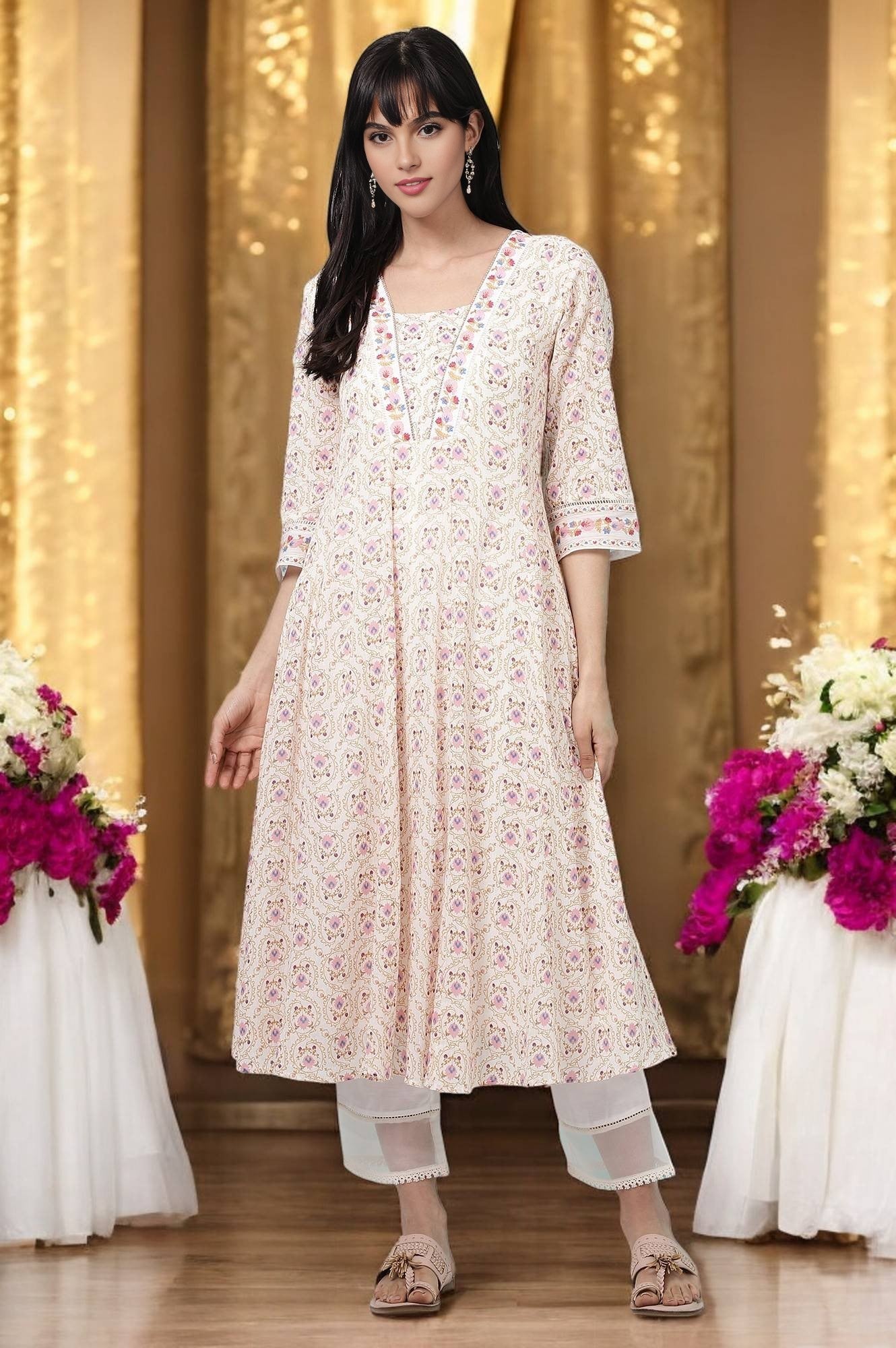 White Floral Printed Pure Cotton A-line Kurta with Embroidery