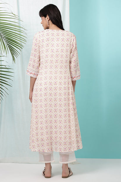 White Floral Printed Pure Cotton A-line Kurta with Embroidery