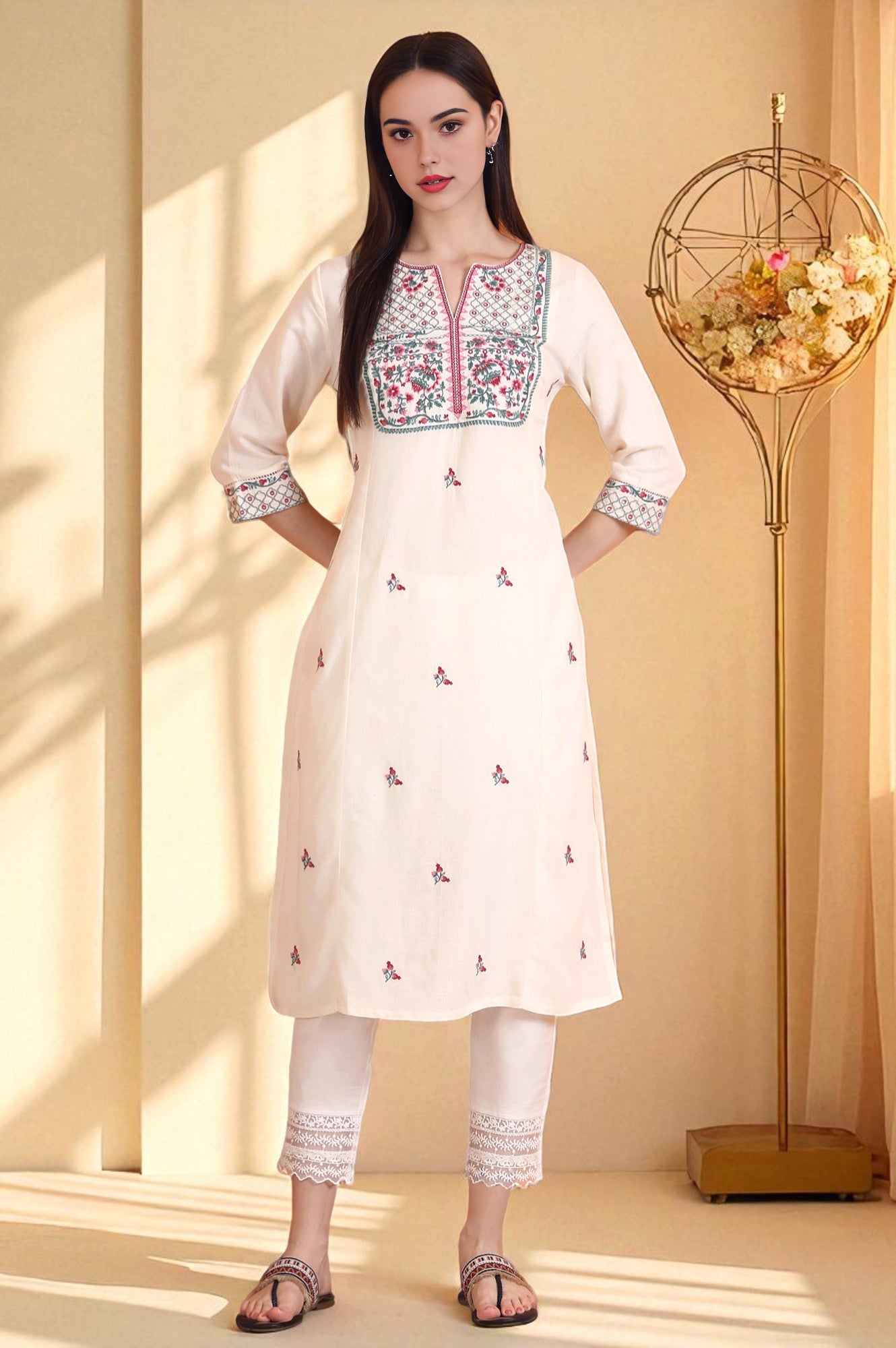 Off-White Embroidered Yoke Rayon Flax Straight Kurta