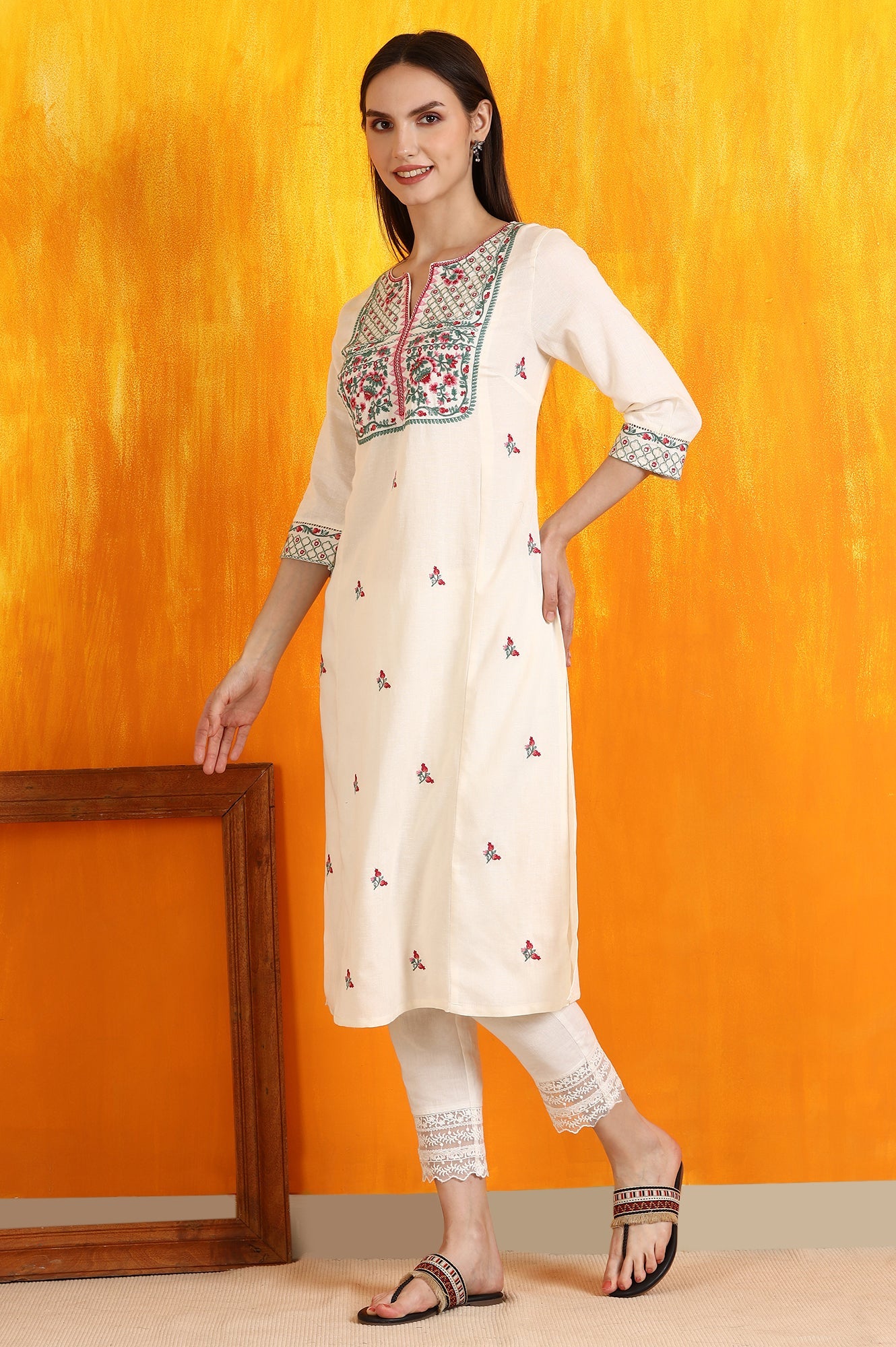 Off-White Embroidered Yoke Rayon Flax Straight Kurta