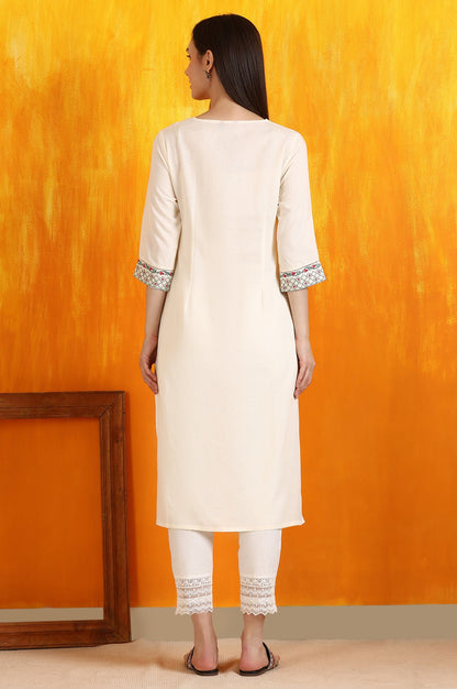Off-White Embroidered Yoke Rayon Flax Straight Kurta