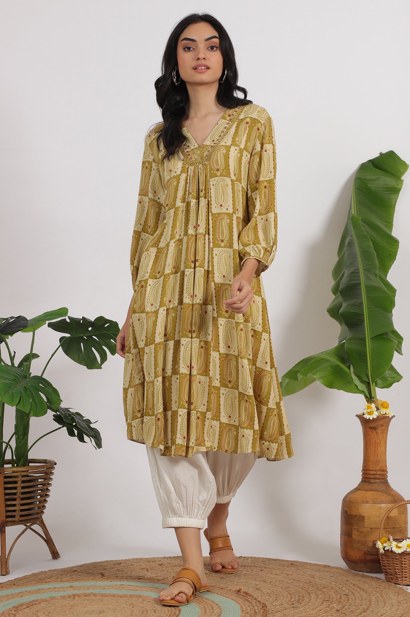 Green Paisley Printed Cotton Crepe Gathered Kurta with Mirror Embroidery