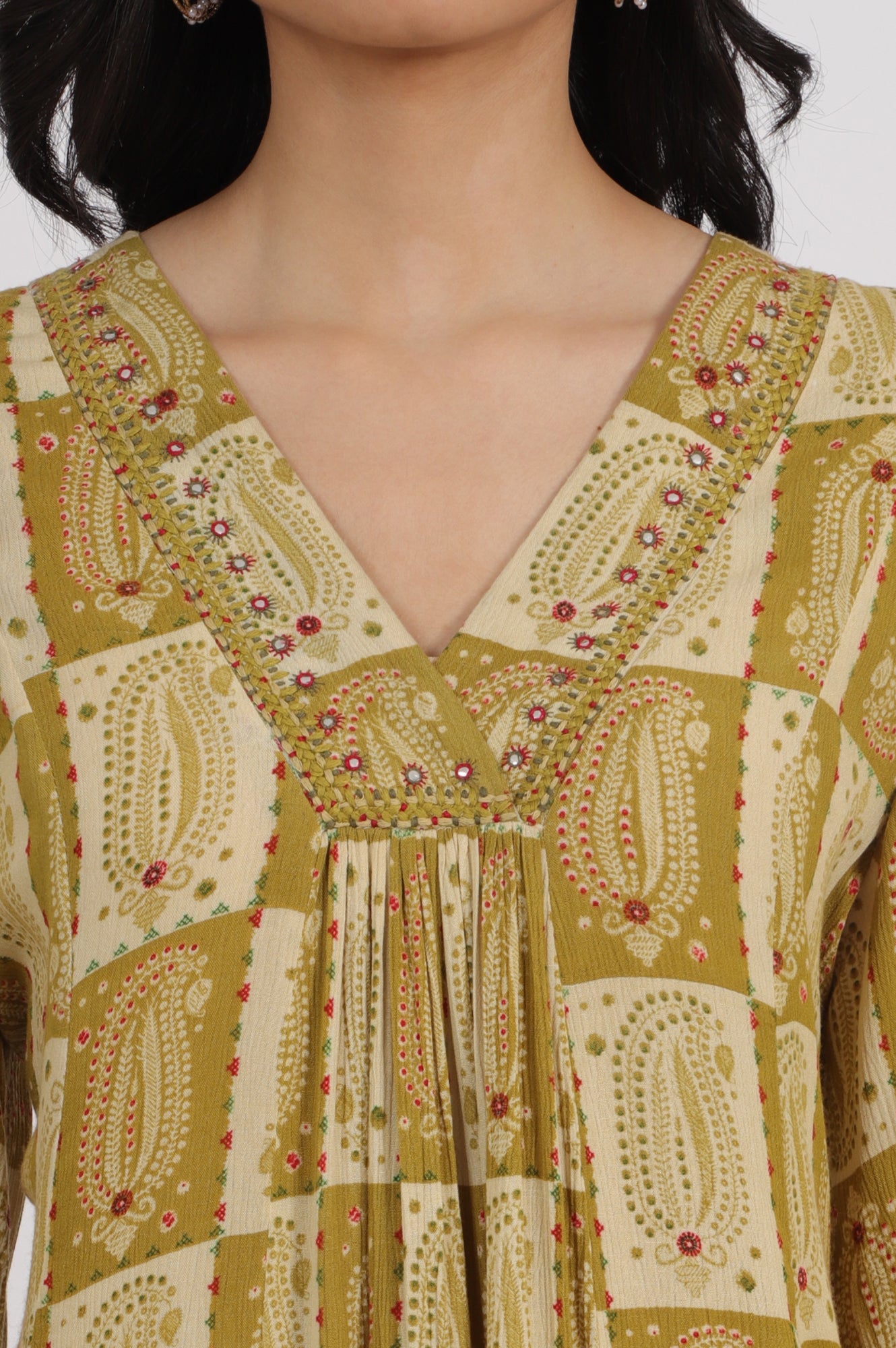 Green Paisley Printed Cotton Crepe Gathered Kurta with Mirror Embroidery