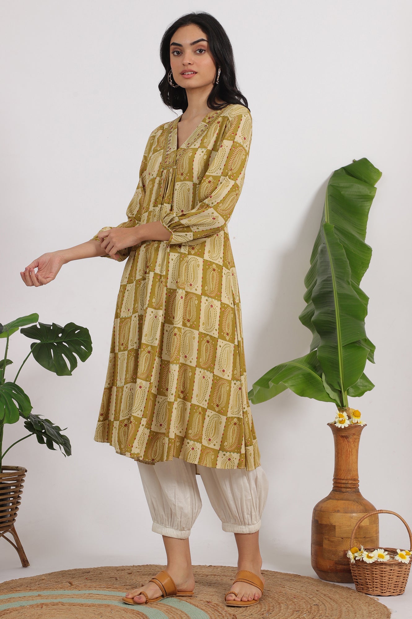 Green Paisley Printed Cotton Crepe Gathered Kurta with Mirror Embroidery