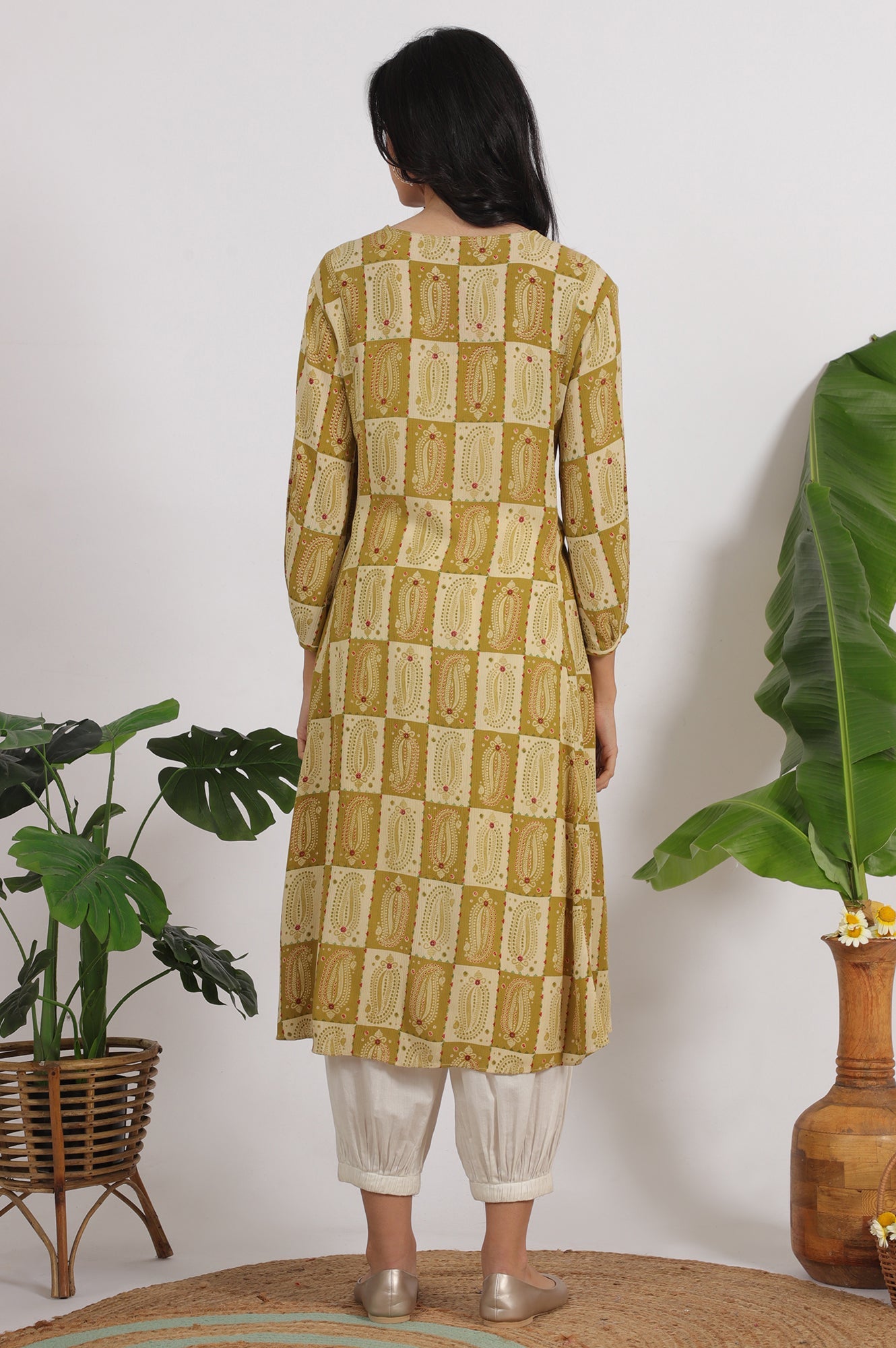 Green Paisley Printed Cotton Crepe Gathered Kurta with Mirror Embroidery