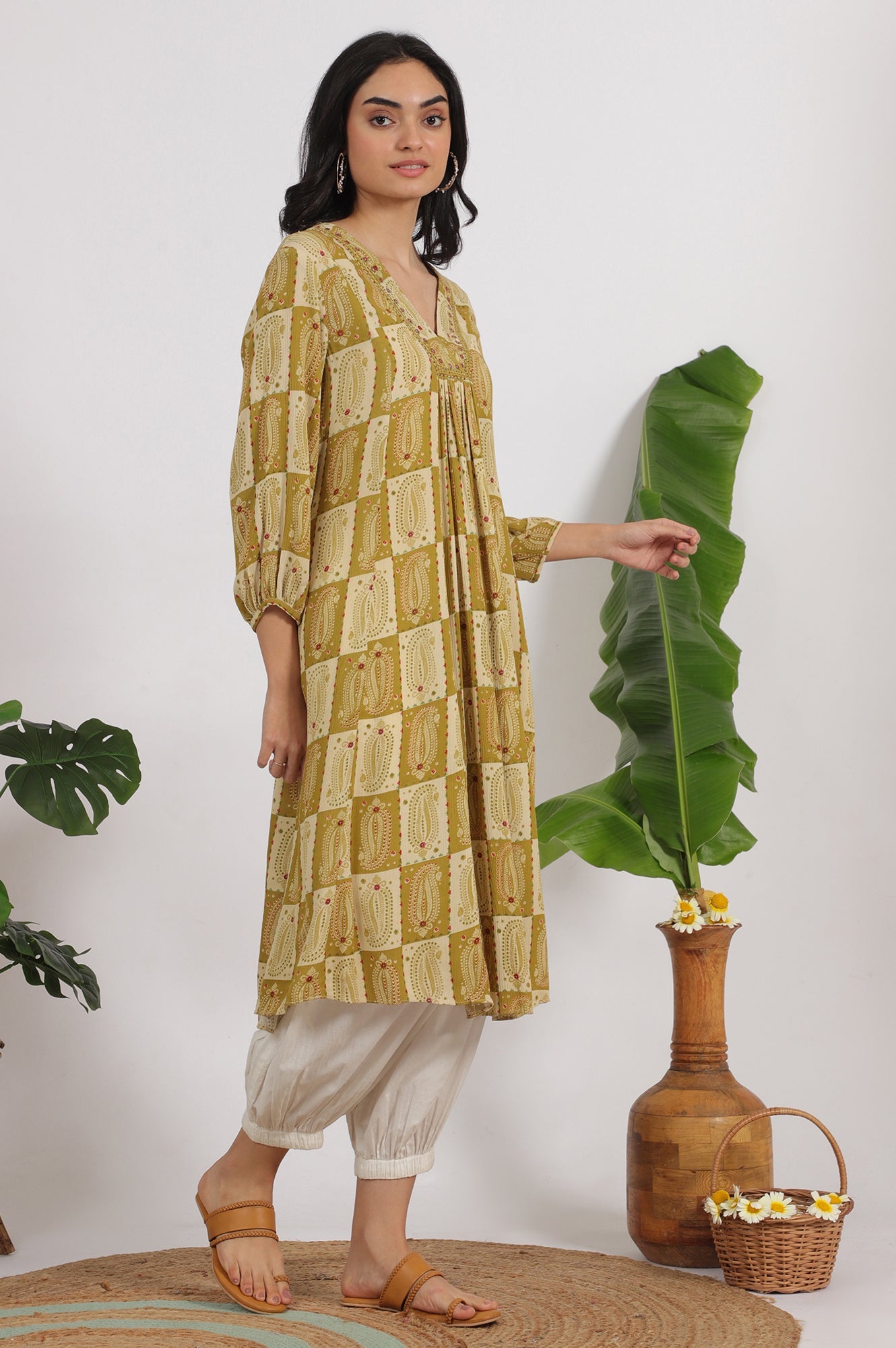 Green Paisley Printed Cotton Crepe Gathered Kurta with Mirror Embroidery