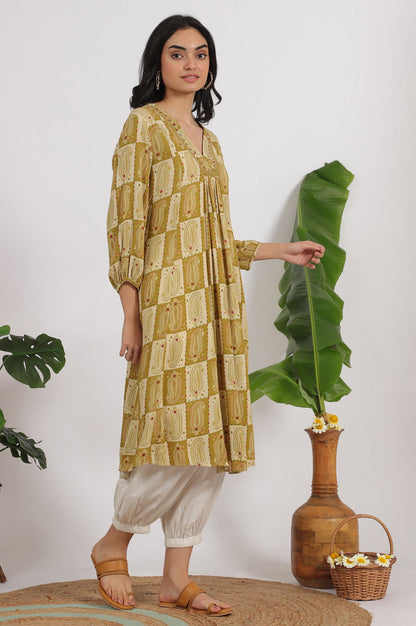 Green Paisley Printed Cotton Crepe Gathered Kurta with Mirror Embroidery