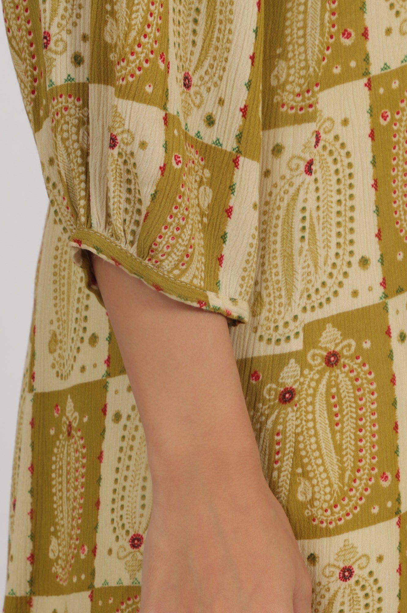 Green Paisley Printed Cotton Crepe Gathered Kurta with Mirror Embroidery