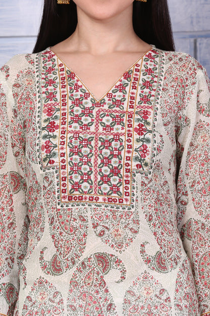 White Paisley Printed Pure Cotton Straight Kurta with Embroidered Yoke