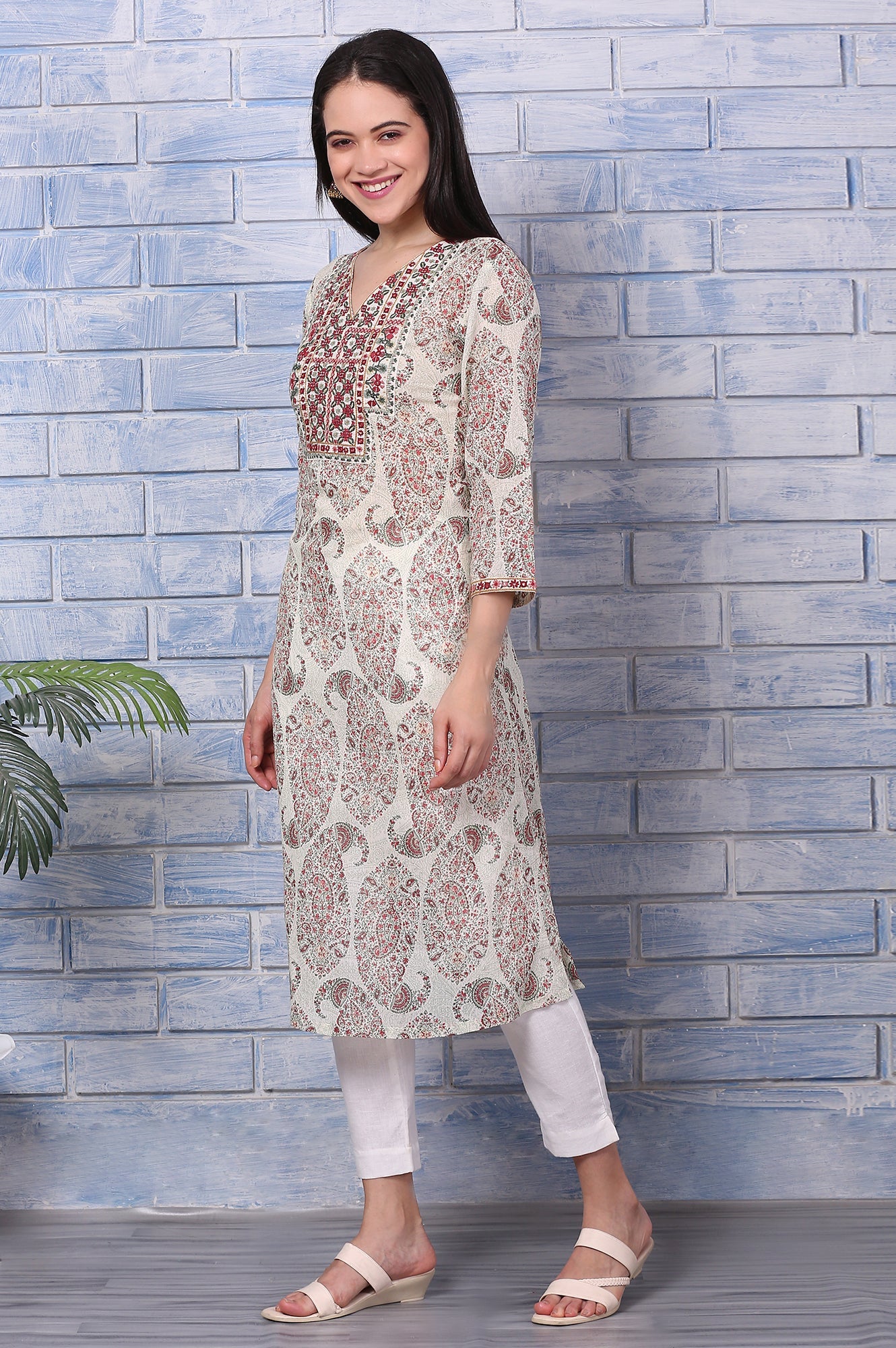 White Paisley Printed Pure Cotton Straight Kurta with Embroidered Yoke