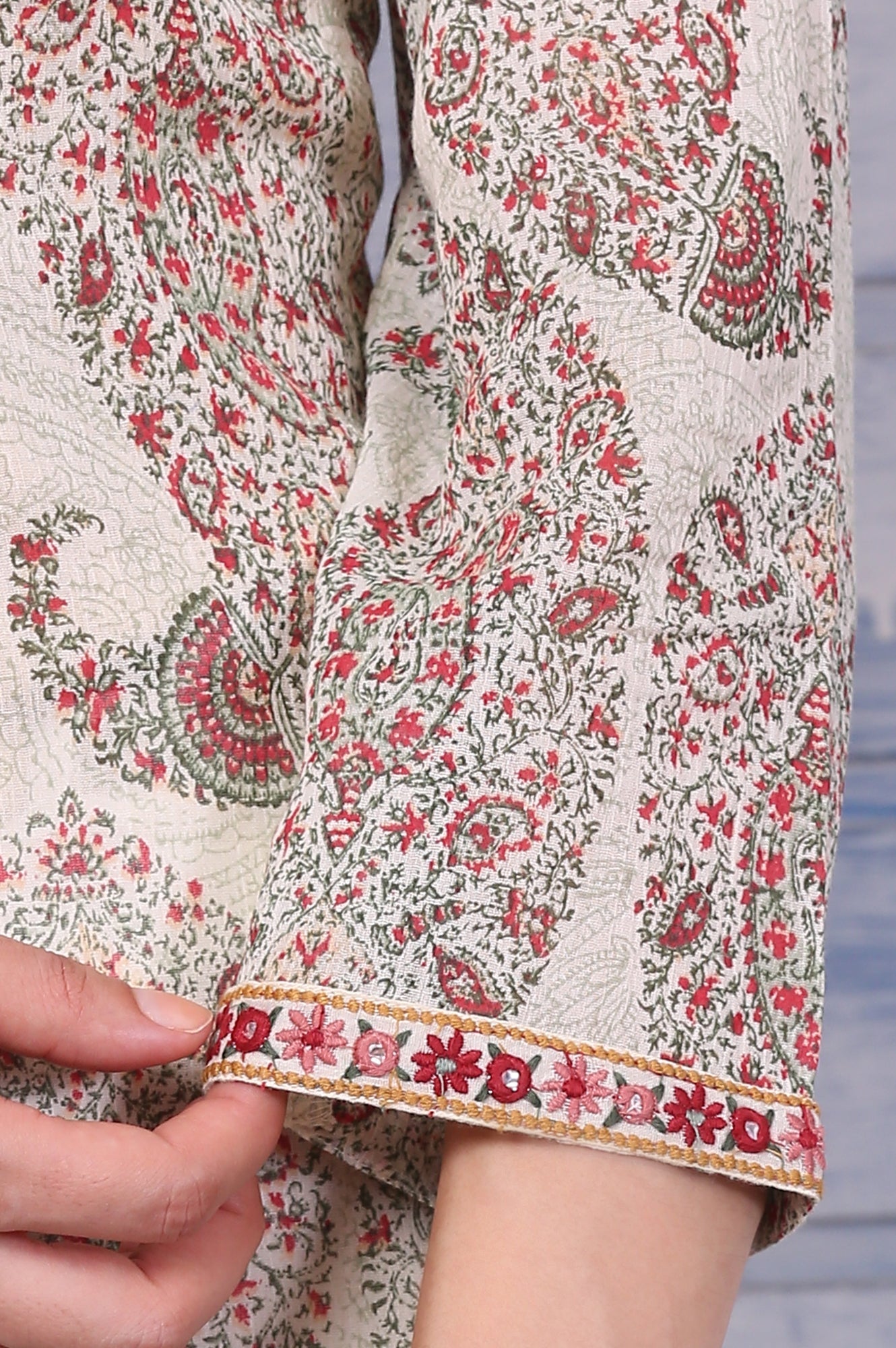 White Paisley Printed Pure Cotton Straight Kurta with Embroidered Yoke