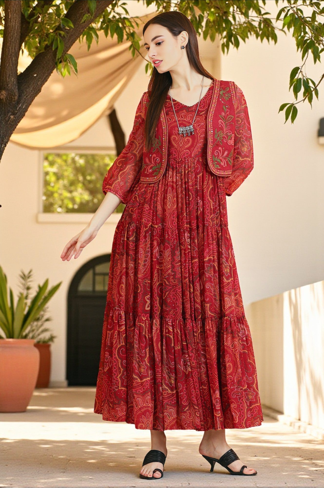 Red Paisley Printed Chiffon Gathered Dress and Waistcoat