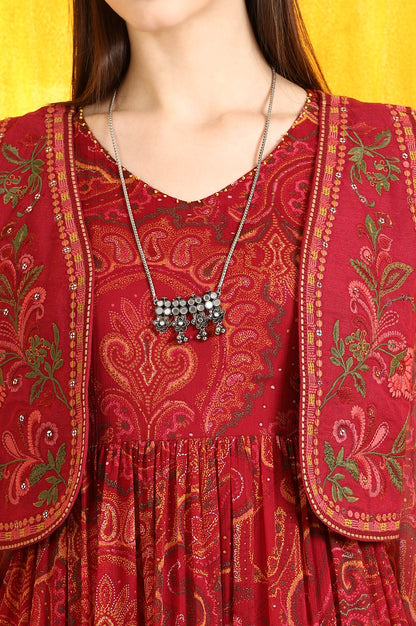 Red Paisley Printed Chiffon Gathered Dress and Waistcoat