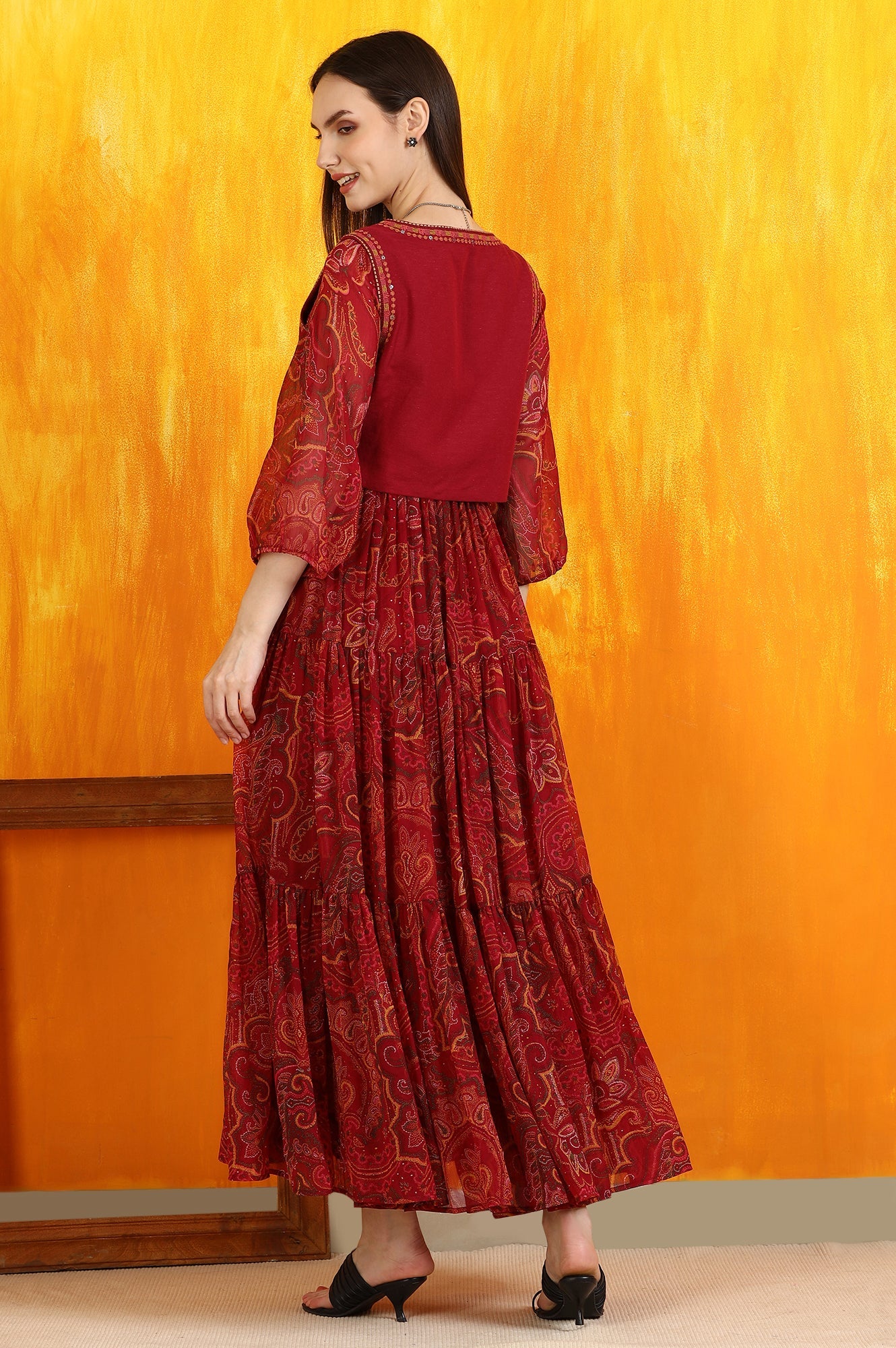 Red Paisley Printed Chiffon Gathered Dress and Waistcoat