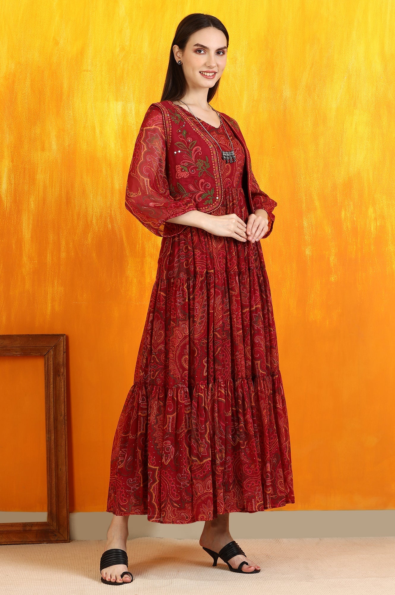 Red Paisley Printed Chiffon Gathered Dress and Waistcoat