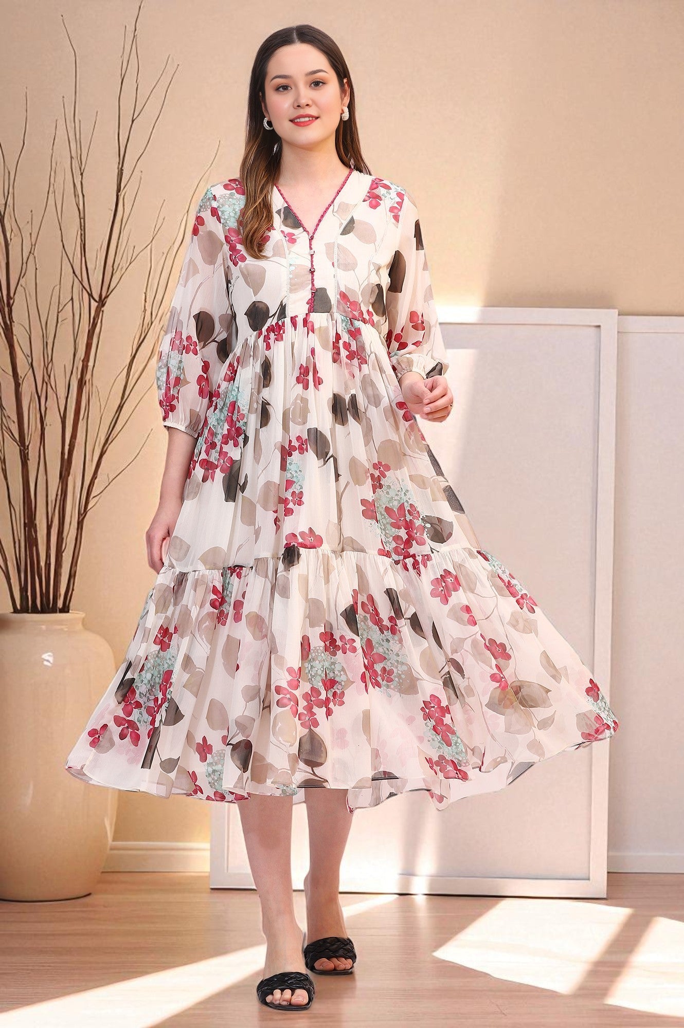 Off White Bold Floral Printed Chiffon Tiered Dress