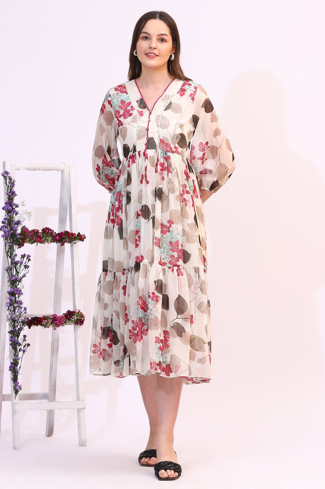 Off White Bold Floral Printed Chiffon Tiered Dress