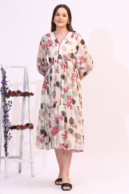 Off White Bold Floral Printed Chiffon Tiered Dress