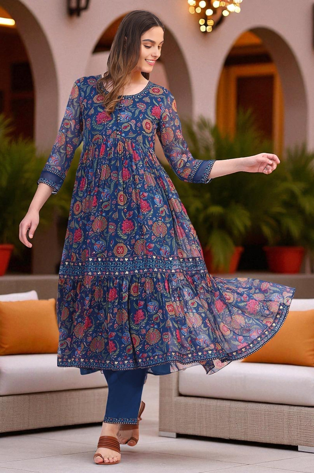 Blue Chintz Floral Printed Gathered Chiffon Anarkali Kurta