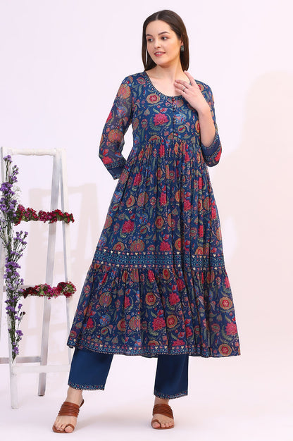 Blue Chintz Floral Printed Gathered Chiffon Anarkali Kurta