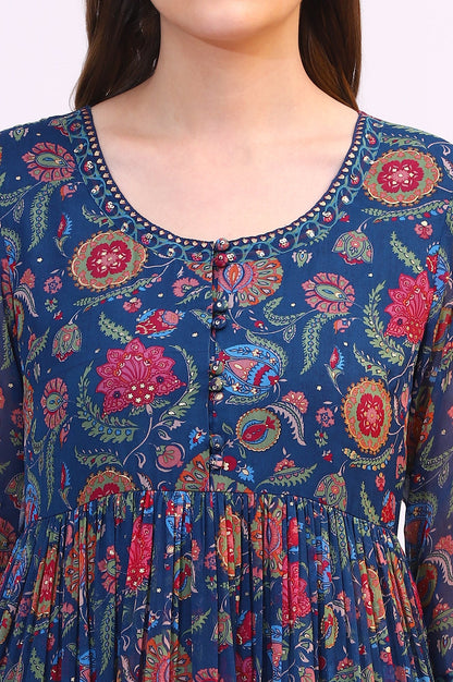 Blue Chintz Floral Printed Gathered Chiffon Anarkali Kurta