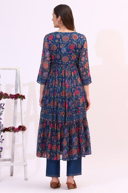 Blue Chintz Floral Printed Gathered Chiffon Anarkali Kurta