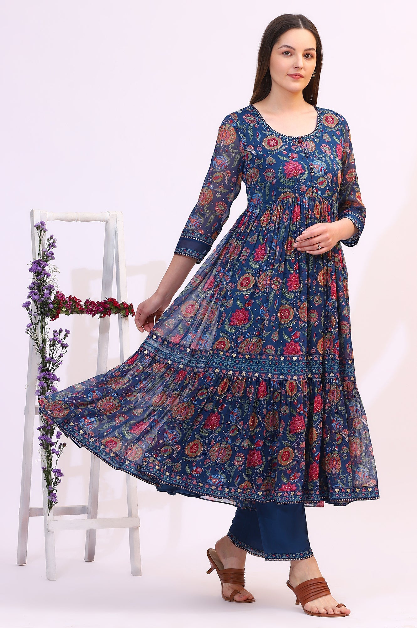 Blue Chintz Floral Printed Gathered Chiffon Anarkali Kurta