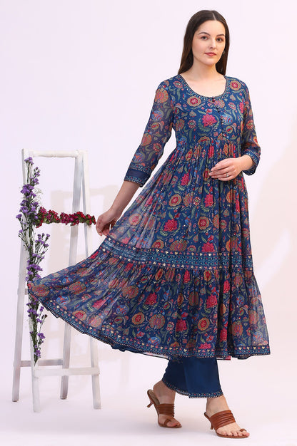 Blue Chintz Floral Printed Gathered Chiffon Anarkali Kurta