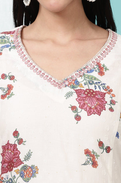 White Floral Printed Textured Dobby Flared Kurta