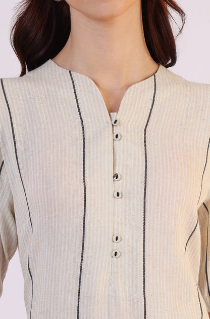 Light Beige Yarn Dyed Striped Short Sleeves Cotton Blend Kurta